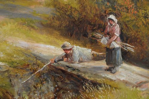 LANDSCAPE OIL PAINTING OF FIGURES BY A DERBYSHIRE BROOK BY GEORGE TURNER - ADDITIONAL PHOTO 4