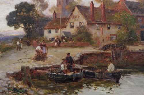 RIVER LANDSCAPE OIL PAINTING OF AN INN BY A RIVER BY STUART LLOYD - ADDITIONAL PHOTO 2