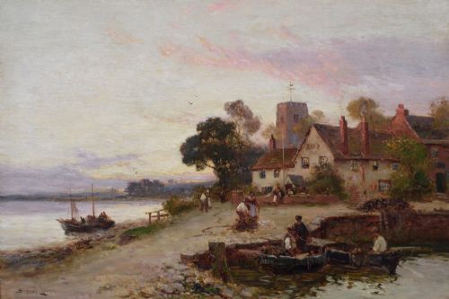 RIVER LANDSCAPE OIL PAINTING OF AN INN BY A RIVER BY STUART LLOYD - ADDITIONAL PHOTO 1