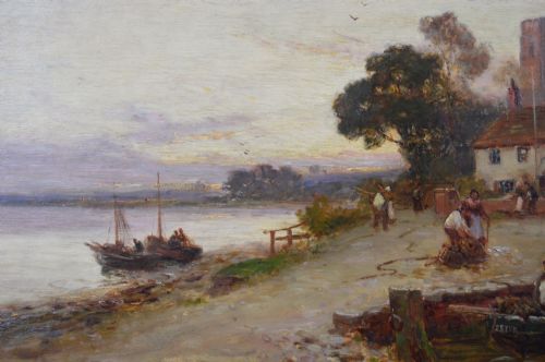RIVER LANDSCAPE OIL PAINTING OF AN INN BY A RIVER BY STUART LLOYD - ADDITIONAL PHOTO 4