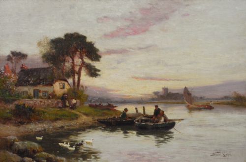RIVER LANDSCAPE OIL PAINTING OF BOATS ON A RIVER BY STUART LLOYD - ADDITIONAL PHOTO 1