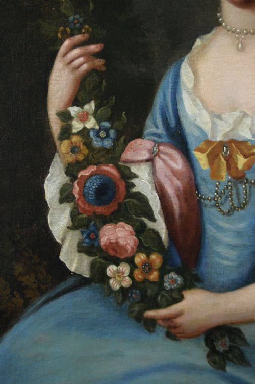 LARGE SCALE PORTRAIT OIL PAINTING OF A LADY WITH A LAMB C1740 ATTRIBUTED TO ARTHUR POND - ADDITIONAL PHOTO 5