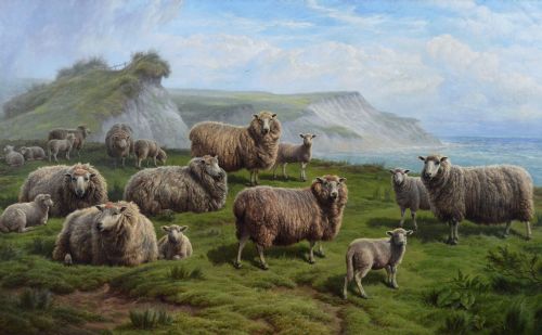EXHIBITION SIZE LANDSCAPE OIL PAINTING OF SHEEP ON A CLIFF TOP BY CHARLES JONES - ADDITIONAL PHOTO 1