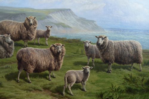 EXHIBITION SIZE LANDSCAPE OIL PAINTING OF SHEEP ON A CLIFF TOP BY CHARLES JONES - ADDITIONAL PHOTO 2