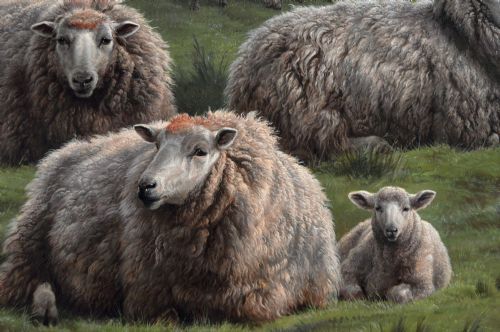 EXHIBITION SIZE LANDSCAPE OIL PAINTING OF SHEEP ON A CLIFF TOP BY CHARLES JONES - ADDITIONAL PHOTO 3