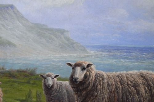 EXHIBITION SIZE LANDSCAPE OIL PAINTING OF SHEEP ON A CLIFF TOP BY CHARLES JONES - ADDITIONAL PHOTO 4