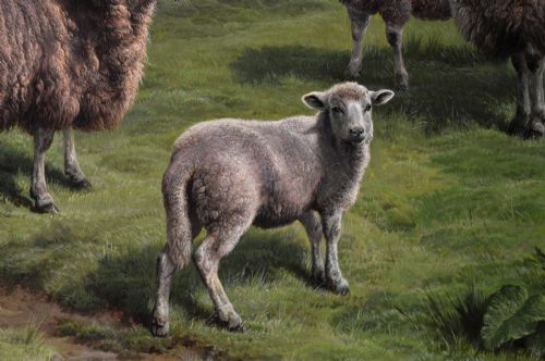 EXHIBITION SIZE LANDSCAPE OIL PAINTING OF SHEEP ON A CLIFF TOP BY CHARLES JONES - ADDITIONAL PHOTO 5