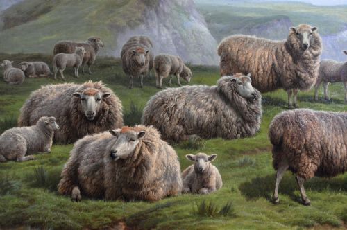 EXHIBITION SIZE LANDSCAPE OIL PAINTING OF SHEEP ON A CLIFF TOP BY CHARLES JONES - ADDITIONAL PHOTO 6