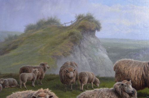 EXHIBITION SIZE LANDSCAPE OIL PAINTING OF SHEEP ON A CLIFF TOP BY CHARLES JONES - ADDITIONAL PHOTO 7