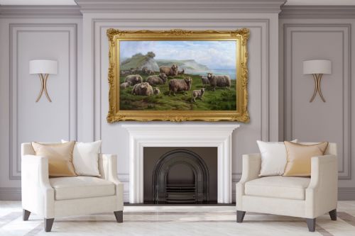 EXHIBITION SIZE LANDSCAPE OIL PAINTING OF SHEEP ON A CLIFF TOP BY CHARLES JONES - ADDITIONAL PHOTO 11