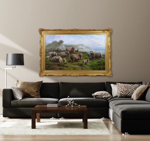 EXHIBITION SIZE LANDSCAPE OIL PAINTING OF SHEEP ON A CLIFF TOP BY CHARLES JONES - ADDITIONAL PHOTO 12