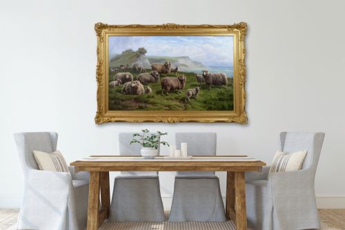 EXHIBITION SIZE LANDSCAPE OIL PAINTING OF SHEEP ON A CLIFF TOP BY CHARLES JONES - ADDITIONAL PHOTO 13