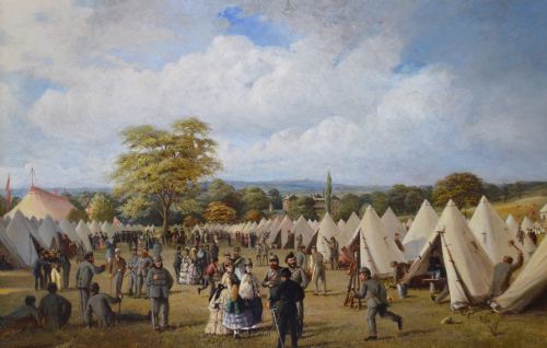 PAIR OF MILITARY LANDSCAPE OIL PAINTINGS OF VOLUNTEER RIFLE SOLDIERS BY FREDERICK HENRY HOWARD HARRIS - ADDITIONAL PHOTO 1