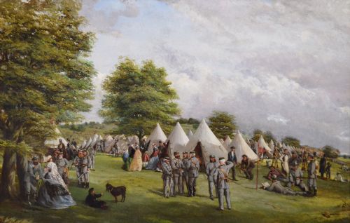 PAIR OF MILITARY LANDSCAPE OIL PAINTINGS OF VOLUNTEER RIFLE SOLDIERS BY FREDERICK HENRY HOWARD HARRIS - ADDITIONAL PHOTO 8