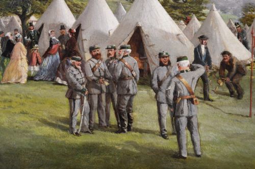 PAIR OF MILITARY LANDSCAPE OIL PAINTINGS OF VOLUNTEER RIFLE SOLDIERS BY FREDERICK HENRY HOWARD HARRIS - ADDITIONAL PHOTO 9