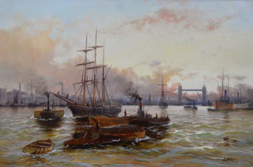 RIVERSCAPE OIL PAINTING OF SHIPPING ON THE THAMES WITH TOWER BRIDGE IN THE DISTANCE BY EDWARD FLETCHER - ADDITIONAL PHOTO 1