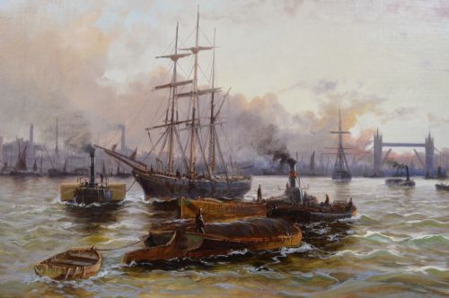 RIVERSCAPE OIL PAINTING OF SHIPPING ON THE THAMES WITH TOWER BRIDGE IN THE DISTANCE BY EDWARD FLETCHER - ADDITIONAL PHOTO 2