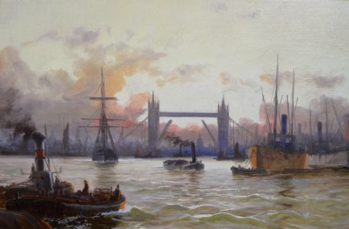 RIVERSCAPE OIL PAINTING OF SHIPPING ON THE THAMES WITH TOWER BRIDGE IN THE DISTANCE BY EDWARD FLETCHER - ADDITIONAL PHOTO 3