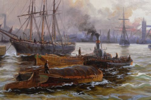 RIVERSCAPE OIL PAINTING OF SHIPPING ON THE THAMES WITH TOWER BRIDGE IN THE DISTANCE BY EDWARD FLETCHER - ADDITIONAL PHOTO 4