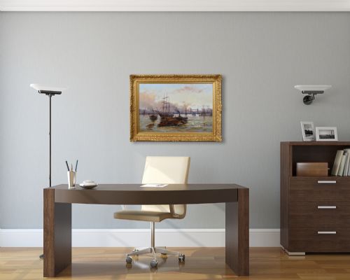 RIVERSCAPE OIL PAINTING OF SHIPPING ON THE THAMES WITH TOWER BRIDGE IN THE DISTANCE BY EDWARD FLETCHER - ADDITIONAL PHOTO 8