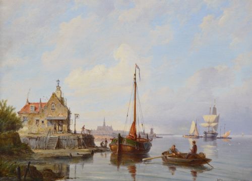 fig 1. A pair of 19th-century Dutch seascape oil paintings depicting sailing boats along a coastal shore, each enclosed within elaborate gold giltwood frames.