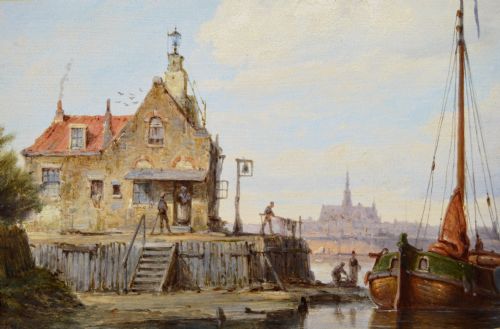 fig 2. A pair of 19th-century Dutch seascape oil paintings depicting sailing boats along a coastal shore, each enclosed within elaborate gold giltwood frames.