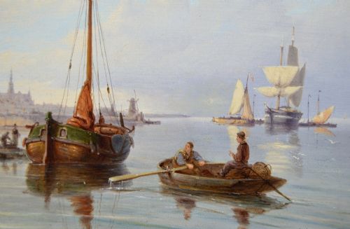 fig 3. A pair of 19th-century Dutch seascape oil paintings depicting sailing boats along a coastal shore, each enclosed within elaborate gold giltwood frames.