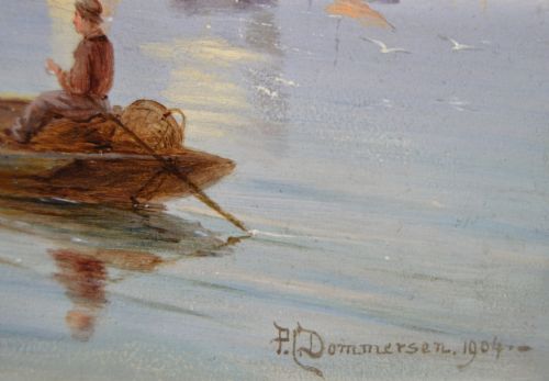 fig 4. A pair of 19th-century Dutch seascape oil paintings depicting sailing boats along a coastal shore, each enclosed within elaborate gold giltwood frames.