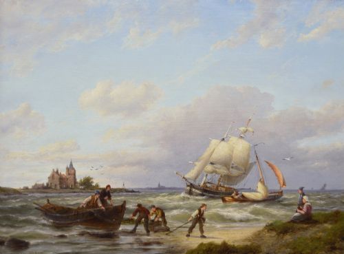 fig 6. A pair of 19th-century Dutch seascape oil paintings depicting sailing boats along a coastal shore, each enclosed within elaborate gold giltwood frames.