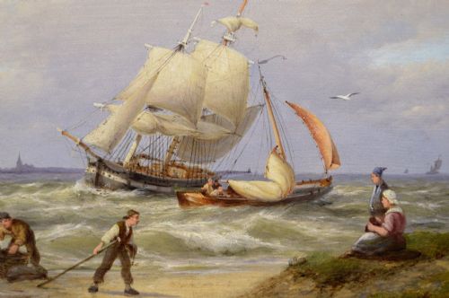 fig 7. A pair of 19th-century Dutch seascape oil paintings depicting sailing boats along a coastal shore, each enclosed within elaborate gold giltwood frames.
