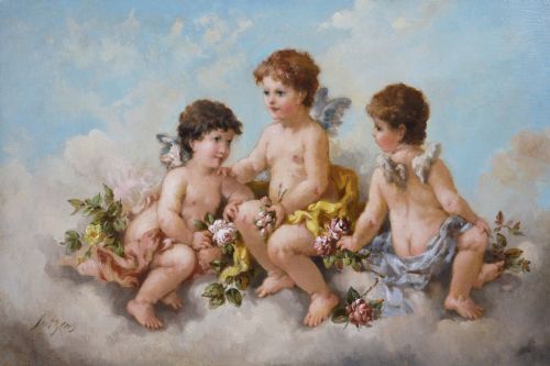 GENRE OIL PAINTING OF CHERUBS WITH FLOWERS BY CHARLES AUGUSTUS HENRY LUTYENS - ADDITIONAL PHOTO 1