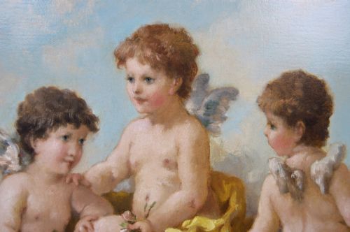 GENRE OIL PAINTING OF CHERUBS WITH FLOWERS BY CHARLES AUGUSTUS HENRY LUTYENS - ADDITIONAL PHOTO 3