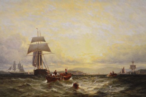 SEASCAPE OIL PAINTING OF SHIPS AT BRADING HAVEN ISLE OF WIGHT BY GEORGE STAINTON - ADDITIONAL PHOTO 1