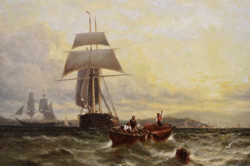 SEASCAPE OIL PAINTING OF SHIPS AT BRADING HAVEN ISLE OF WIGHT BY GEORGE STAINTON - ADDITIONAL PHOTO 2