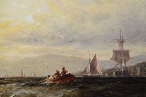 SEASCAPE OIL PAINTING OF SHIPS AT BRADING HAVEN ISLE OF WIGHT BY GEORGE STAINTON - ADDITIONAL PHOTO 3