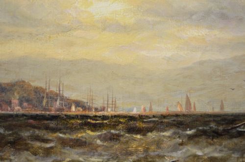 SEASCAPE OIL PAINTING OF SHIPS AT BRADING HAVEN ISLE OF WIGHT BY GEORGE STAINTON - ADDITIONAL PHOTO 4