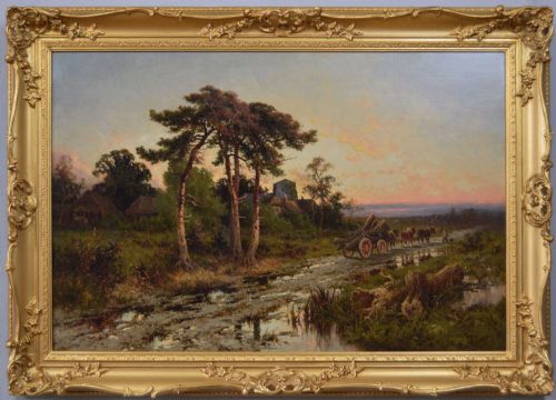 LANDSCAPE OIL PAINTING OF A LOGGING CART ON A COUNTRY TRACK BY HENRY H PARKER
