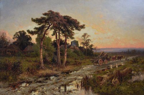 LANDSCAPE OIL PAINTING OF A LOGGING CART ON A COUNTRY TRACK BY HENRY H PARKER - ADDITIONAL PHOTO 1