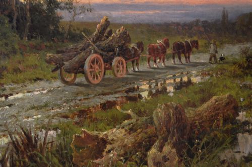 LANDSCAPE OIL PAINTING OF A LOGGING CART ON A COUNTRY TRACK BY HENRY H PARKER - ADDITIONAL PHOTO 2