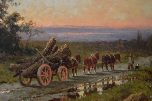 LANDSCAPE OIL PAINTING OF A LOGGING CART ON A COUNTRY TRACK BY HENRY H PARKER - ADDITIONAL PHOTO 3