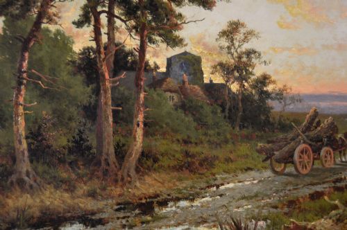 LANDSCAPE OIL PAINTING OF A LOGGING CART ON A COUNTRY TRACK BY HENRY H PARKER - ADDITIONAL PHOTO 4