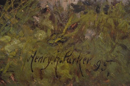 LANDSCAPE OIL PAINTING OF A LOGGING CART ON A COUNTRY TRACK BY HENRY H PARKER - ADDITIONAL PHOTO 6