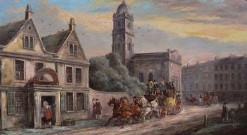 COACHING SCENE OIL PAINTING OUTSIDE A BATH INN BY JOHN CHARLES MAGGS - ADDITIONAL PHOTO 1