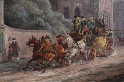 COACHING SCENE OIL PAINTING OUTSIDE A BATH INN BY JOHN CHARLES MAGGS - ADDITIONAL PHOTO 3
