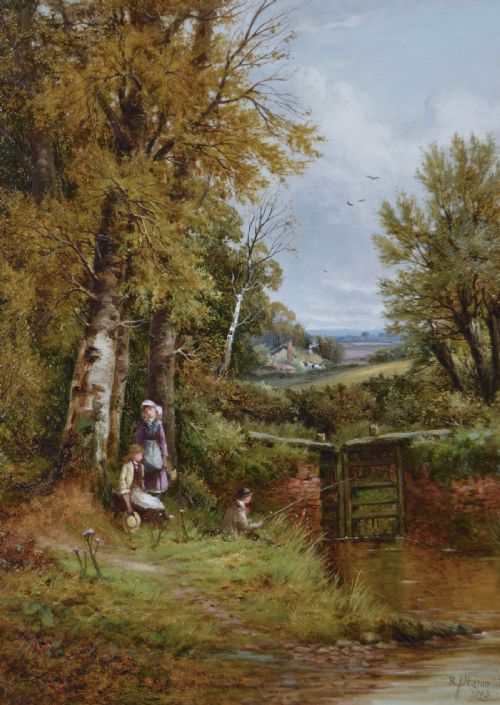 LANDSCAPE OIL PAINTING OF FIGURES FISHING AT A RIVER LOCK BY ROBERT JOHN HAMMOND - ADDITIONAL PHOTO 1