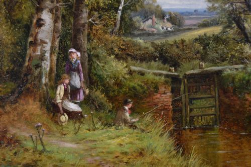 LANDSCAPE OIL PAINTING OF FIGURES FISHING AT A RIVER LOCK BY ROBERT JOHN HAMMOND - ADDITIONAL PHOTO 2
