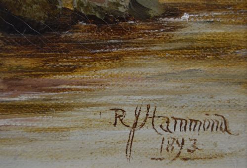 LANDSCAPE OIL PAINTING OF FIGURES FISHING AT A RIVER LOCK BY ROBERT JOHN HAMMOND - ADDITIONAL PHOTO 3