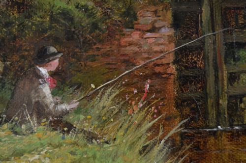 LANDSCAPE OIL PAINTING OF FIGURES FISHING AT A RIVER LOCK BY ROBERT JOHN HAMMOND - ADDITIONAL PHOTO 4
