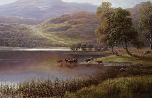 fig 2. A Victorian landscape oil painting depicting cattle near a reflective lake with surrounding mountains, presented in a gold leaf frame.
