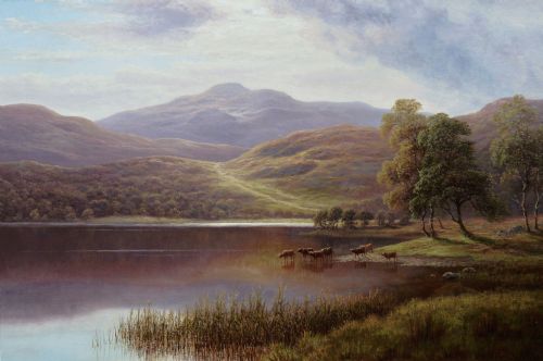 fig 1. A Victorian landscape oil painting depicting cattle near a reflective lake with surrounding mountains, presented in a gold leaf frame.
